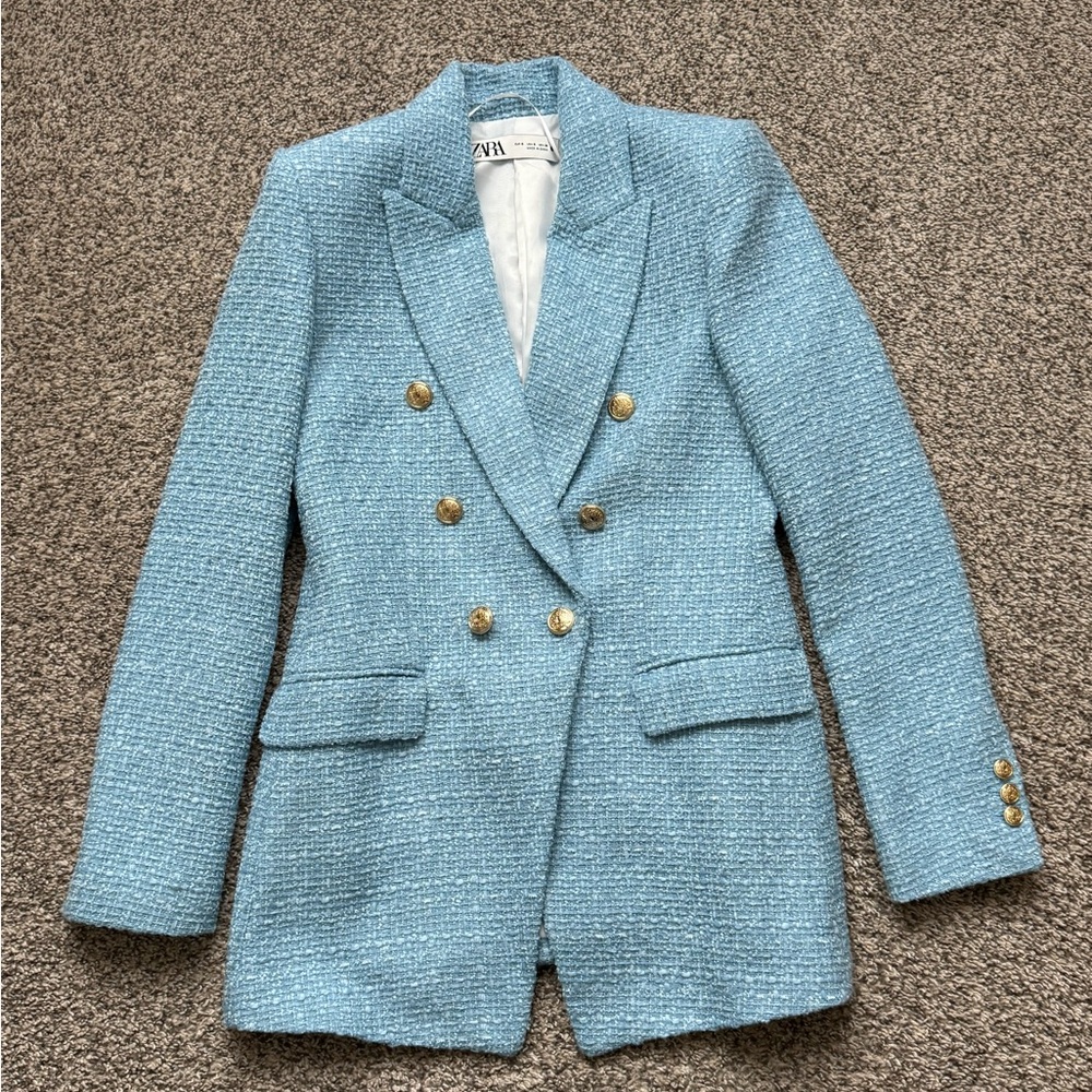 Zara Light Blue Tweed Blazer with Gold Buttons